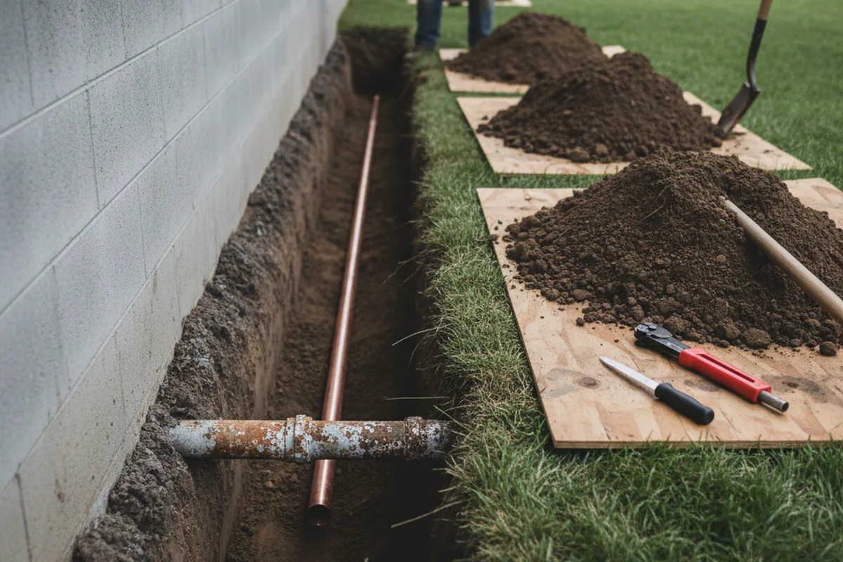 Excavated water line trench during Sewer Line Repair in Edgerton